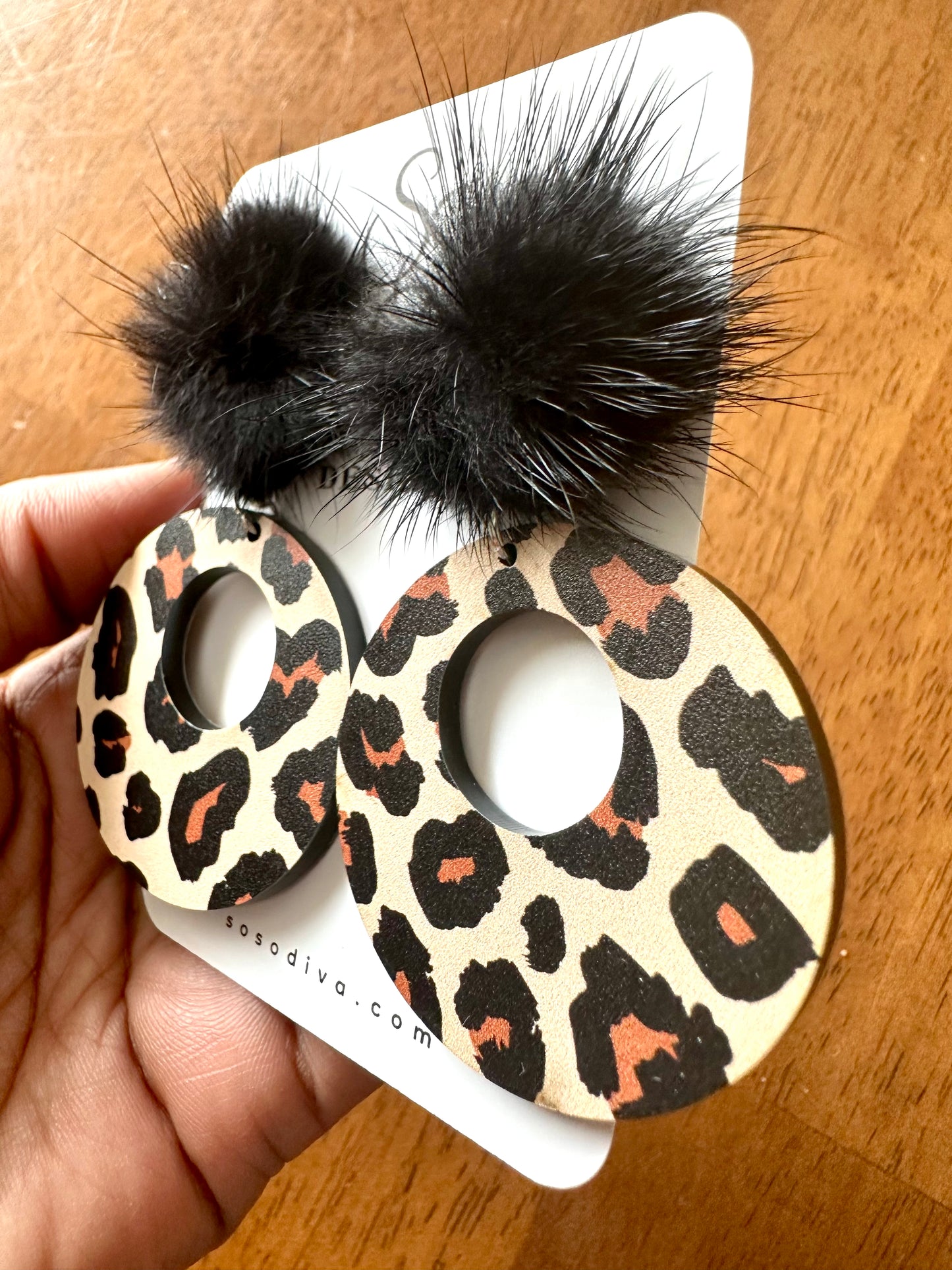 Leopard Acrylic Round Earrings Laser Made Dangle Black Fuzzy Top