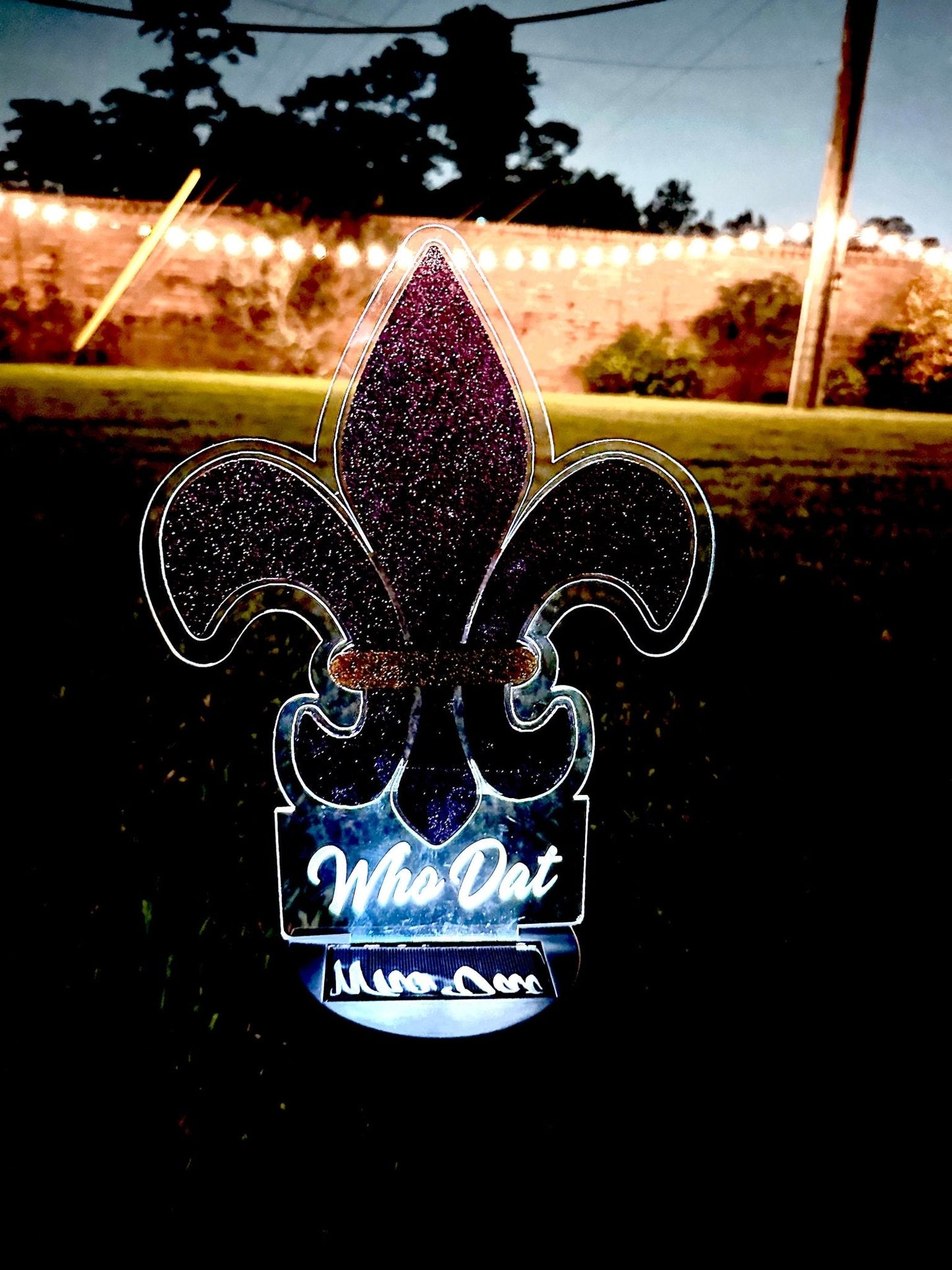LED 2D Yard Sign Who Dat Mardi Gras Fleur - de - lis Solar Lighted Decor Ground Stake or Wall Mount - So So Diva Designs & Personalized Gifts
