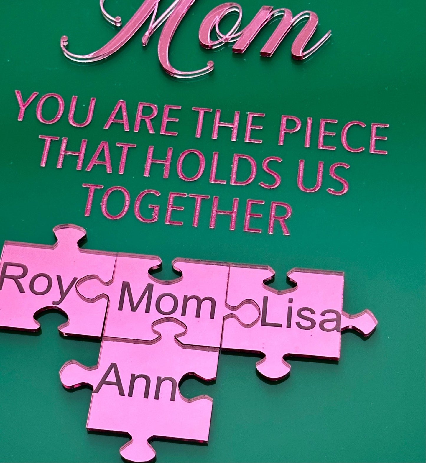 Pink and Green Custom Mom Puzzle Sign, Acrylic Jigsaw on Easel Gift, Engraved Puzzle Plaque,Mother's Day Gift, Gift for Mama, Mother, Nana, Jigsaw Puzzle Piece - So So Diva Designs & Personalized Gifts