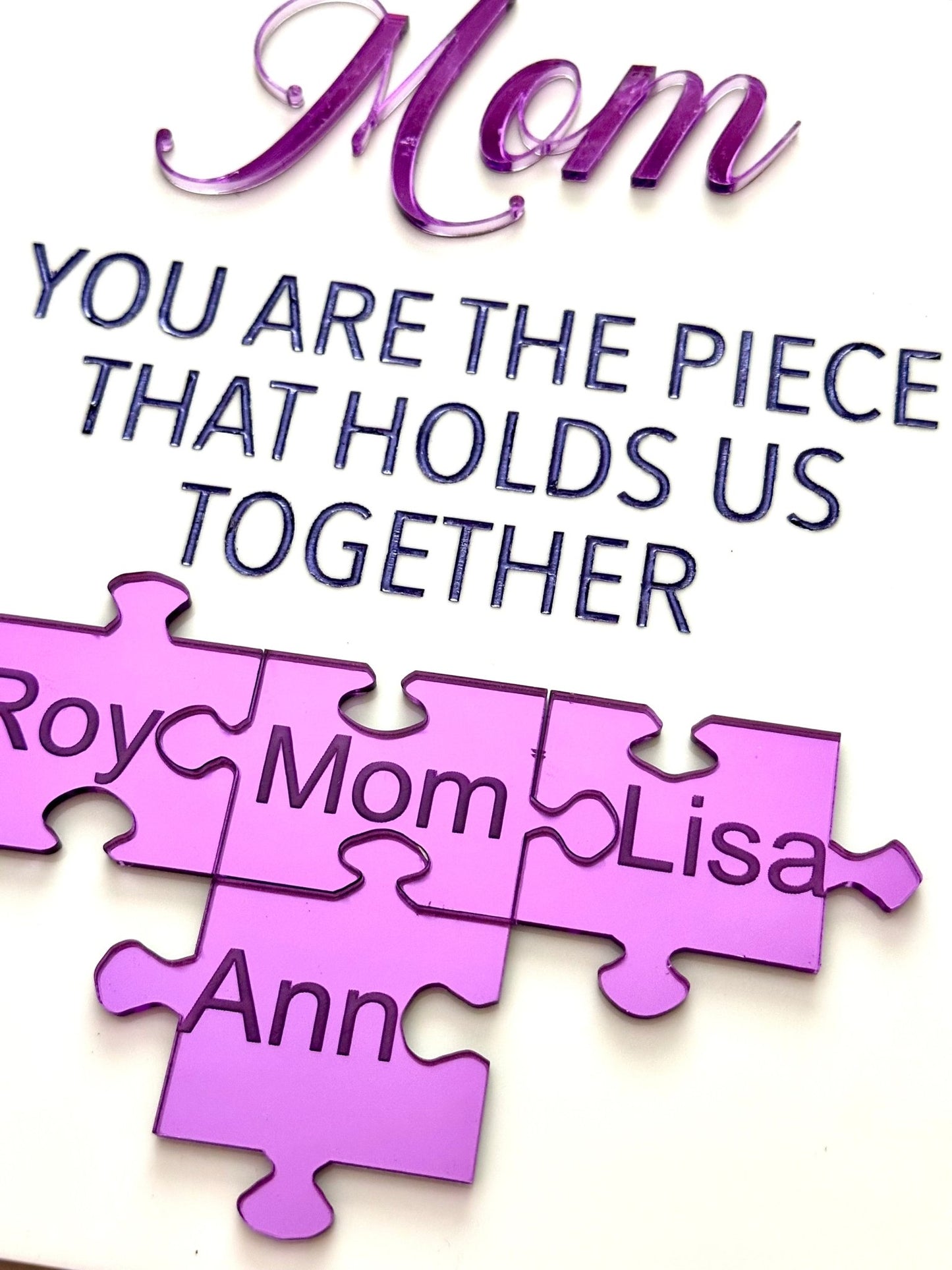 Purple and White Custom Mom Puzzle Sign, Acrylic Jigsaw on Easel Gift, Engraved Puzzle Plaque,Mother's Day Gift, Gift for Mama, Mother, Nana, Jigsaw Puzzle Piece - So So Diva Designs & Personalized Gifts