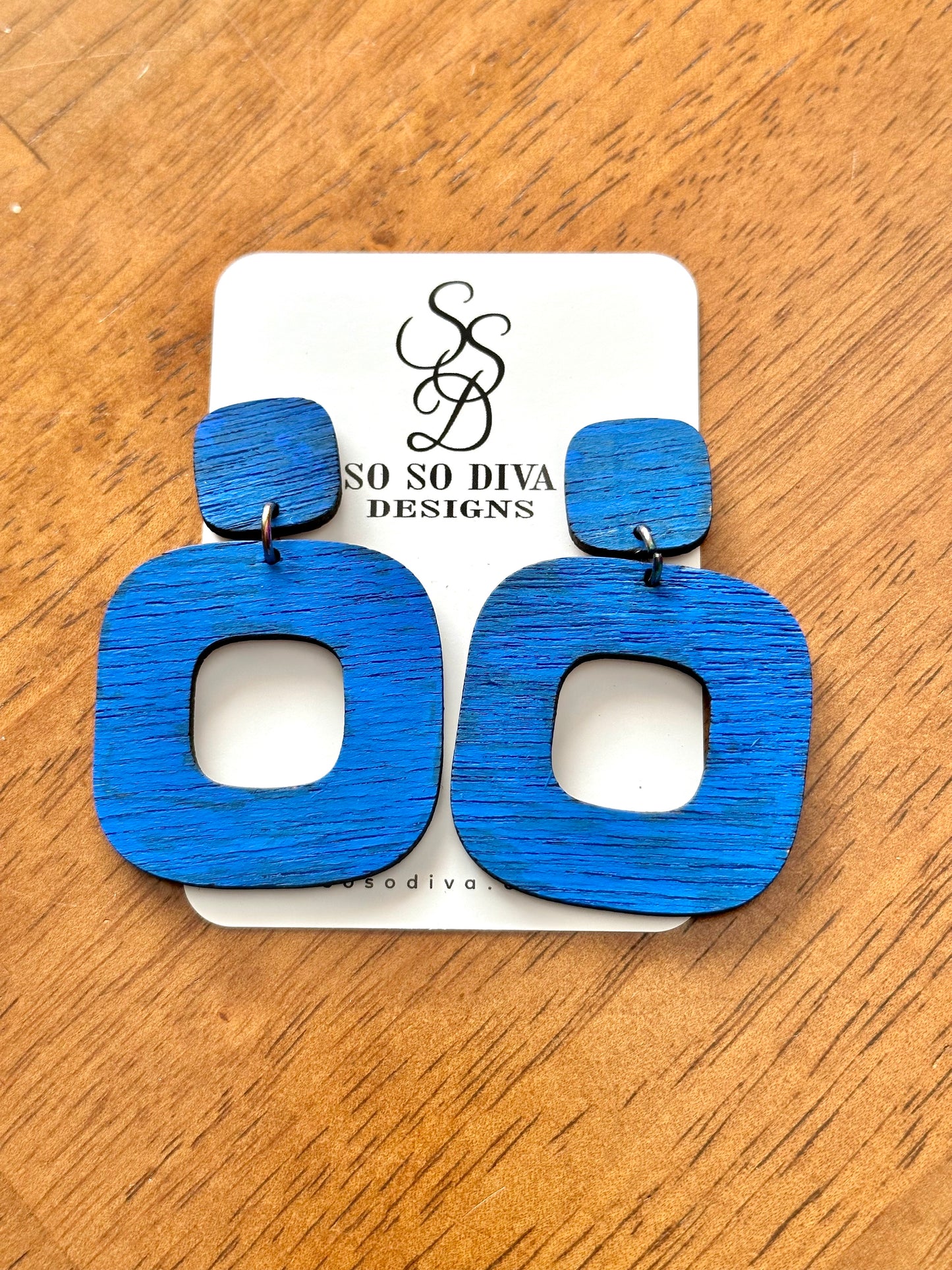 Blue Square Shaped Earrings Dangle Pierced Wood Laser
