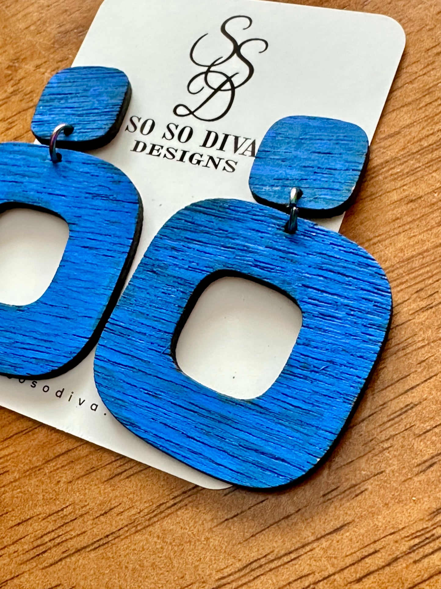 Blue Square Shaped Earrings Dangle Pierced Wood Laser