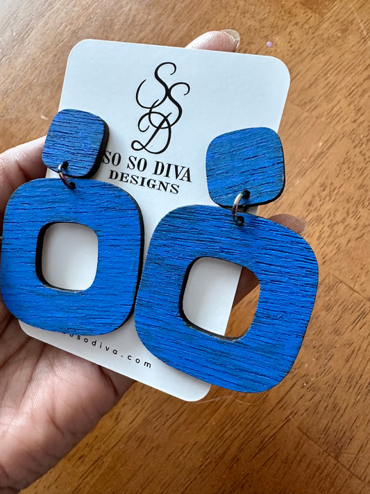 Blue Square Shaped Earrings Dangle Pierced Wood Laser