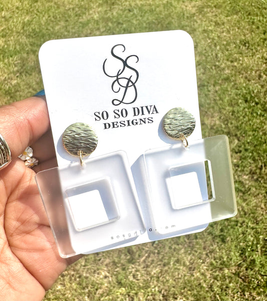 Frosted Square Acrylic and Gold Topper Earrings, Handmade, Lasercut, Dangle