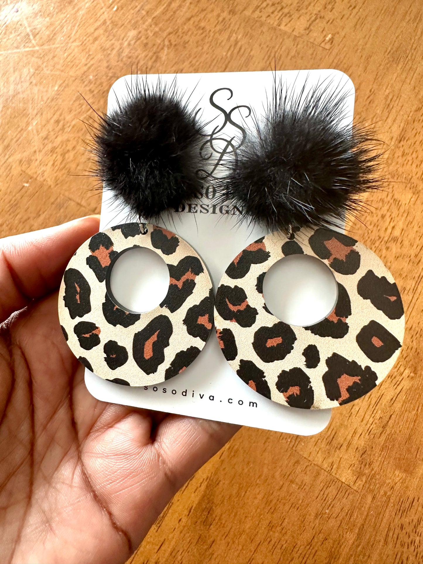 Leopard Acrylic Round Earrings Laser Made Dangle Black Fuzzy Top