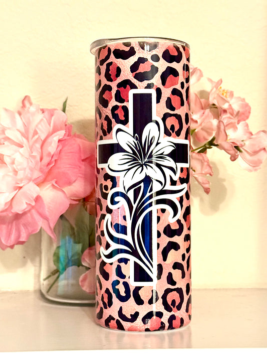 Black Cross Cheetah Print Inspirational Tumbler
