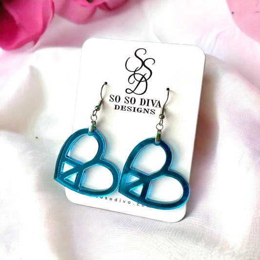 Valentine's PEACE Heart Dangle Acrylic Laser Made Blue Mirror Earrings