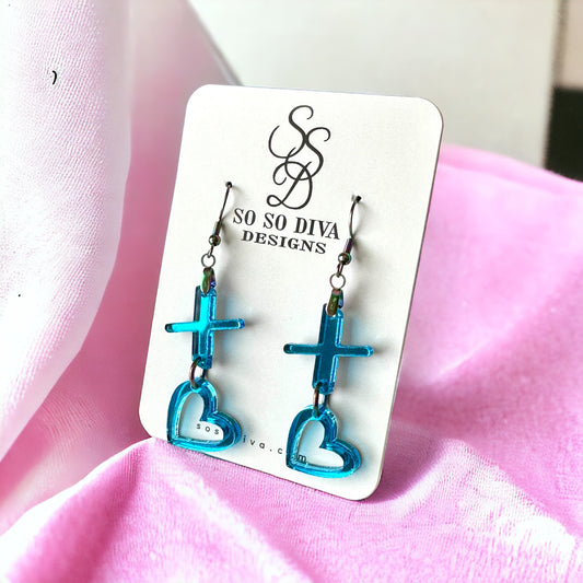 Valentine's XOXO Heart Dangle Acrylic Laser Made Blue Mirror Earrings