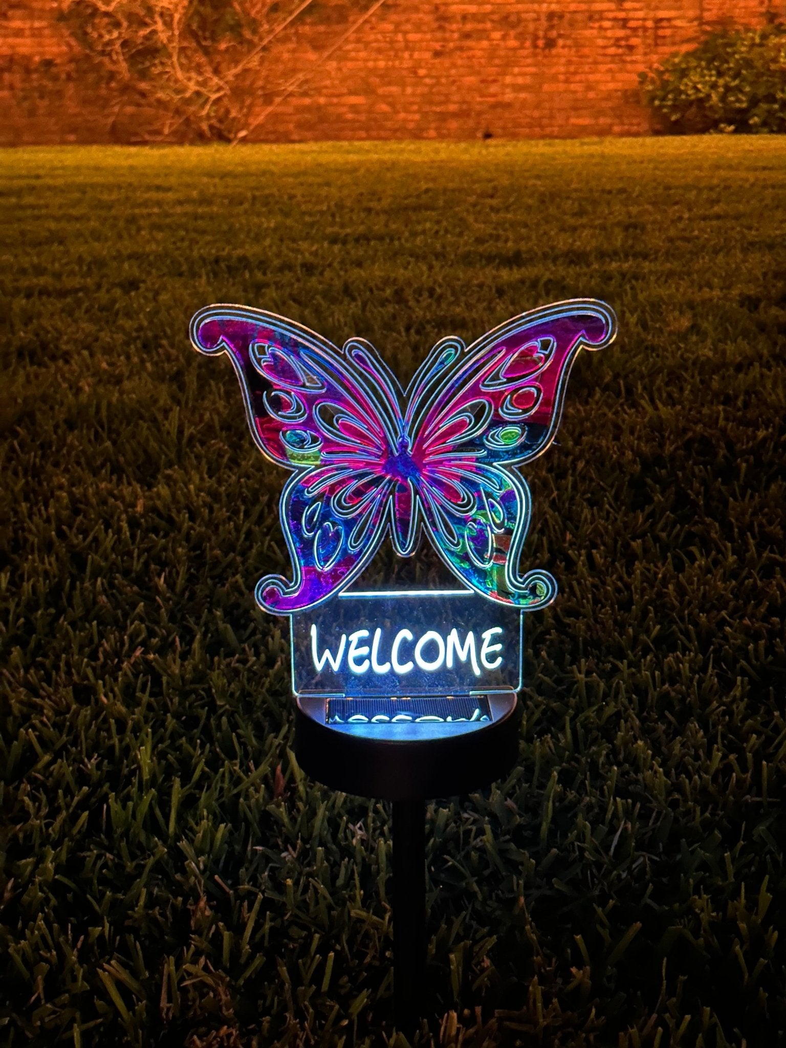 Butterfly WELCOME LED 2D Yard Sign Solar Lighted Decor Ground Stake or Wall Mount - So So Diva Designs & Personalized Gifts